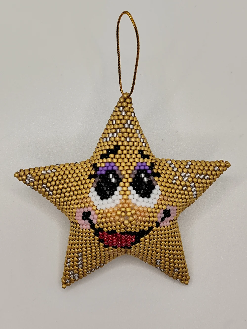 Gold Beaded Star Face Ornament - Decorative Holiday Hanging